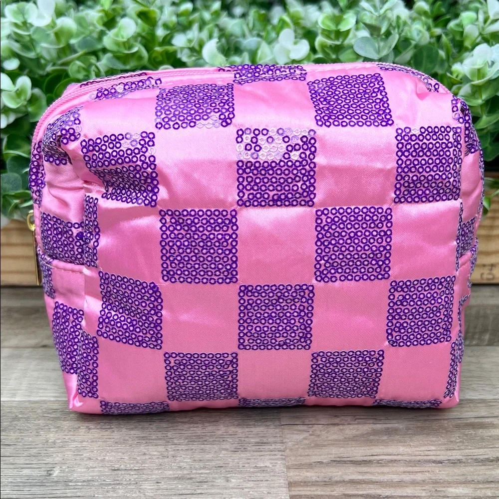 Ulta Beauty Pink and Purple Sequins Check Pattern Cosmetic Pouch Bag